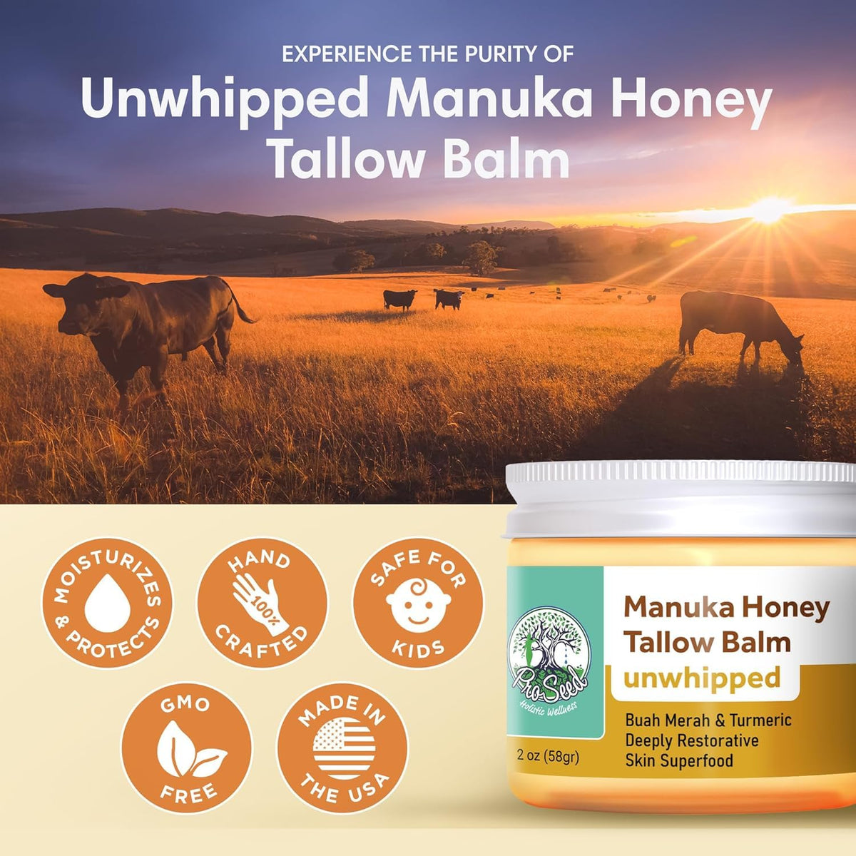 Manuka Honey Unwhipped Tallow Balm – Handmade Grass-Fed Beef Tallow with Frankincense, Vitamin E, Castor Oil, Buah Merah & Turmeric – Hydrates & Nourishes Skin for Men, Women & Kids – 2oz Glass Jar