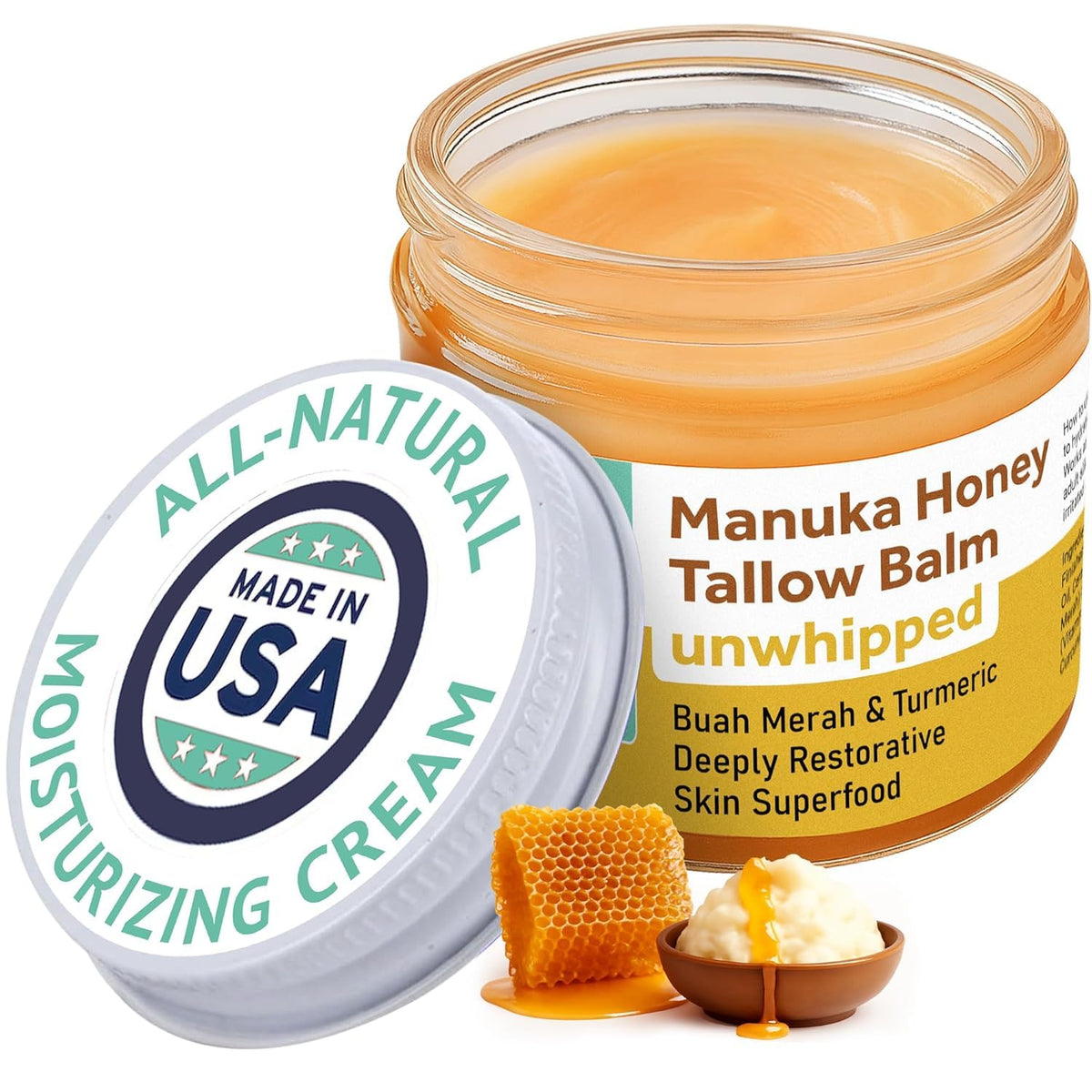 Manuka Honey Unwhipped Tallow Balm – Handmade Grass-Fed Beef Tallow with Frankincense, Vitamin E, Castor Oil, Buah Merah & Turmeric – Hydrates & Nourishes Skin for Men, Women & Kids – 2oz Glass Jar