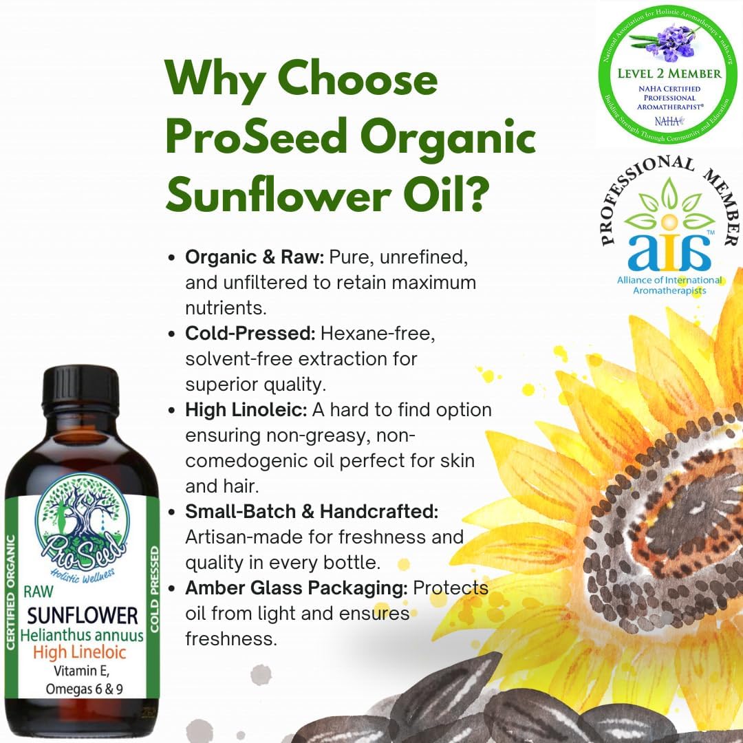 ProSeed Handmade Cold-Pressed Organic Sunflower Seed Oil – Virgin & Unrefined Helianthus Annuus for Skin, Hair and Moisturizing – Rich in Vitamin E, Omega 6 & 9 – 16oz Amber Glass Bottle