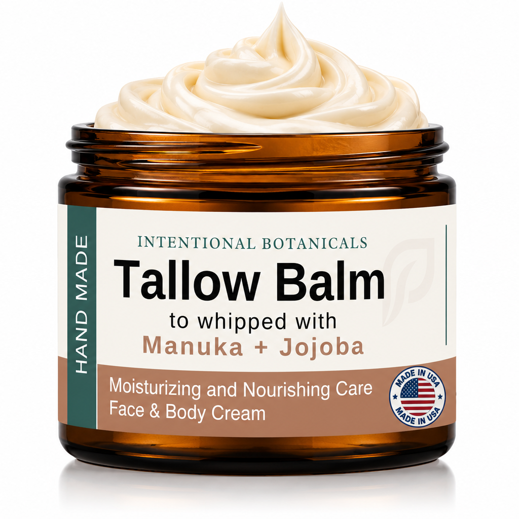 An open amber glass jar of ProSeed Wellness Whipped Tallow Balm, showing a swirl of creamy off-white balm on top, with a white and brown label detailing the ingredients and product benefits.