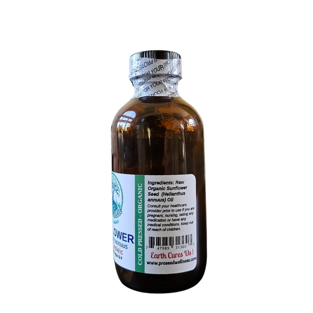 ProSeed Handmade Cold-Pressed Organic Sunflower Seed Oil – Virgin & Unrefined Helianthus Annuus for Skin, Hair and Moisturizing – Rich in Vitamin E, Omega 6 & 9 – 16oz Amber Glass Bottle