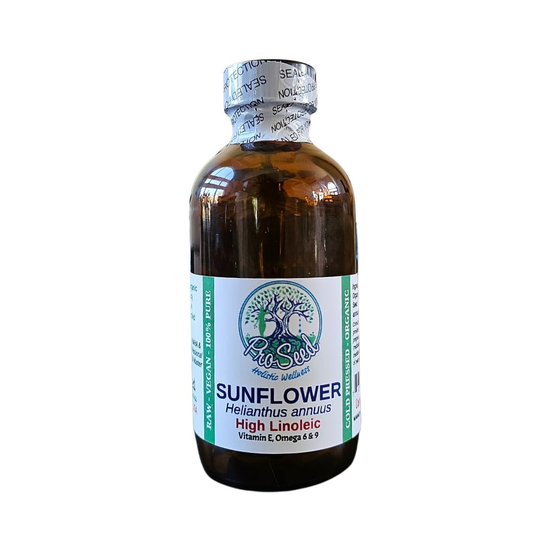 ProSeed Handmade Cold-Pressed Organic Sunflower Seed Oil – Virgin & Unrefined Helianthus Annuus for Skin, Hair and Moisturizing – Rich in Vitamin E, Omega 6 & 9 – 16oz Amber Glass Bottle