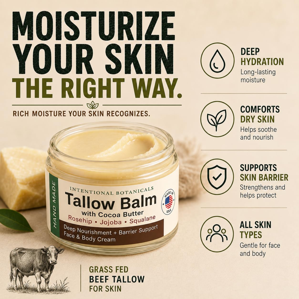 Beef Tallow for Skin, Face & Body Tallow Balm Deep Moisture for Dry Skin | Sensitive Skin, Made in USA, Holistic Wellness, Dry Skin Eczema, Psoriasis, Organic Tallow Moisturizer