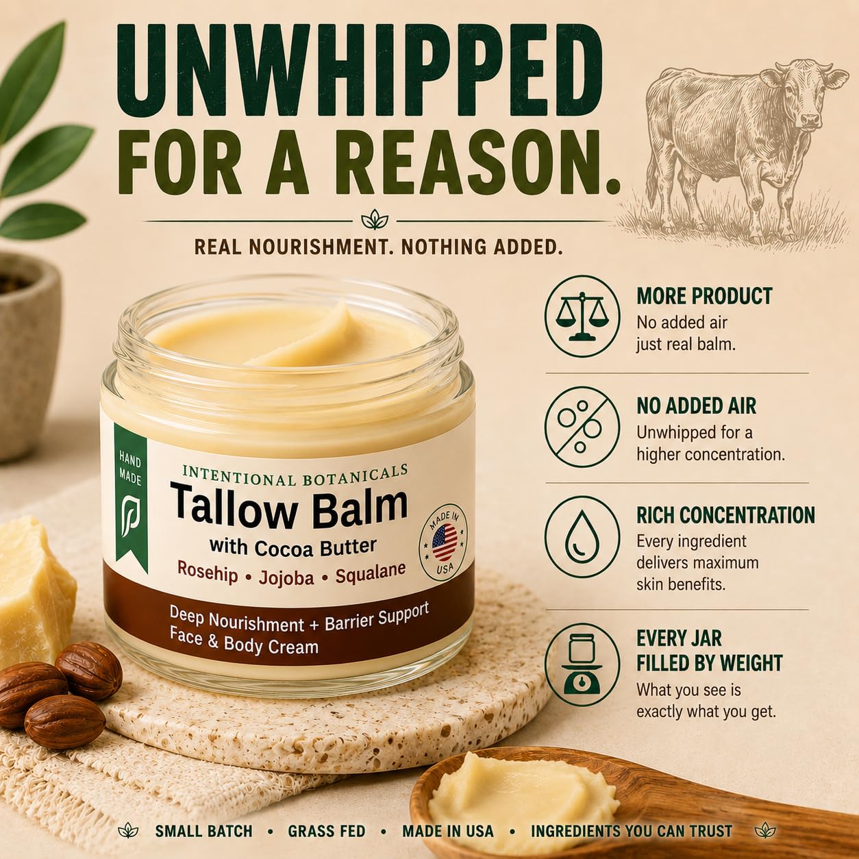 Beef Tallow for Skin, Face & Body Tallow Balm Deep Moisture for Dry Skin | Sensitive Skin, Made in USA, Holistic Wellness, Dry Skin Eczema, Psoriasis, Organic Tallow Moisturizer