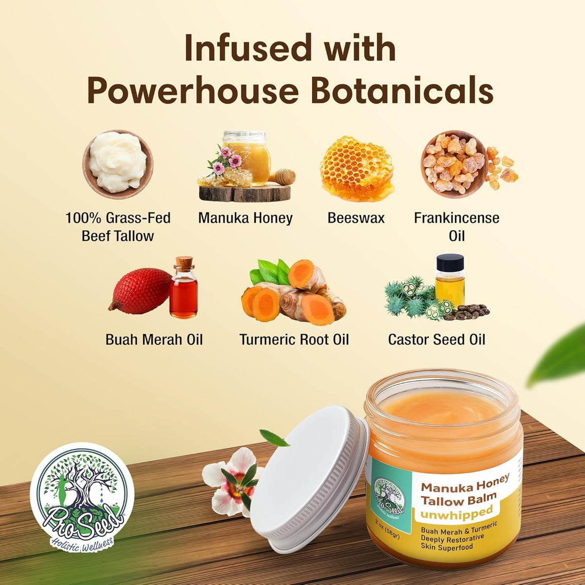 Manuka Honey Unwhipped Tallow Balm – Handmade Grass-Fed Beef Tallow with Frankincense, Vitamin E, Castor Oil, Buah Merah & Turmeric – Hydrates & Nourishes Skin for Men, Women & Kids – 2oz Glass Jar