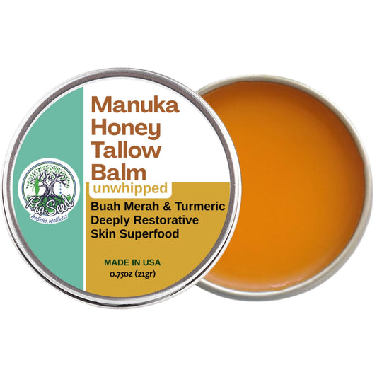 Manuka Honey Unwhipped Tallow Balm – Handmade Grass-Fed Beef Tallow with Frankincense, Vitamin E, Castor Oil, Buah Merah & Turmeric – Hydrates & Nourishes Skin for Men, Women & Kids – 2oz Glass Jar
