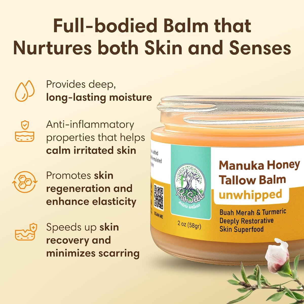 Manuka Honey Unwhipped Tallow Balm – Handmade Grass-Fed Beef Tallow with Frankincense, Vitamin E, Castor Oil, Buah Merah & Turmeric – Hydrates & Nourishes Skin for Men, Women & Kids – 2oz Glass Jar