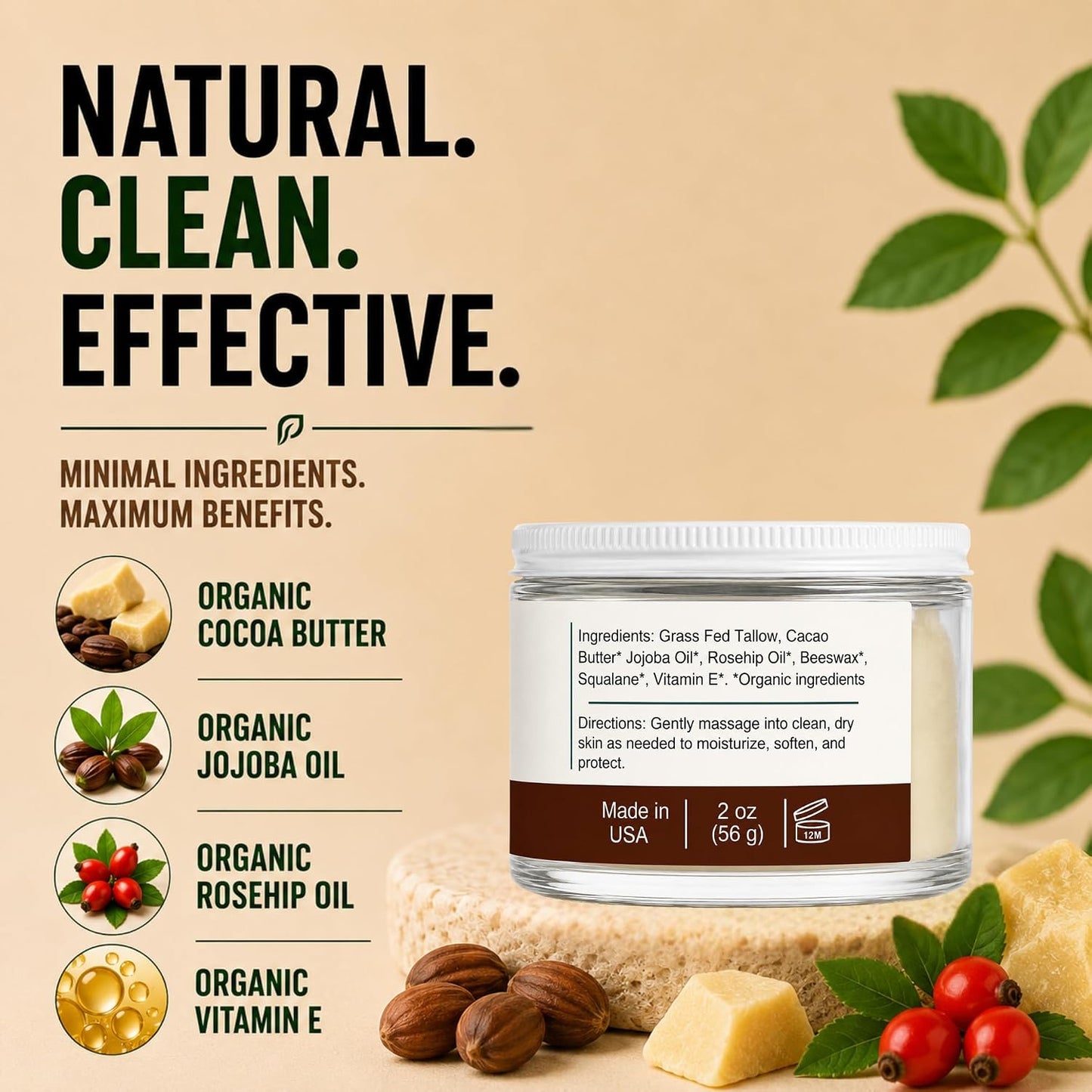 Beef Tallow for Skin, Face & Body Tallow Balm Deep Moisture for Dry Skin | Sensitive Skin, Made in USA, Holistic Wellness, Dry Skin Eczema, Psoriasis, Organic Tallow Moisturizer