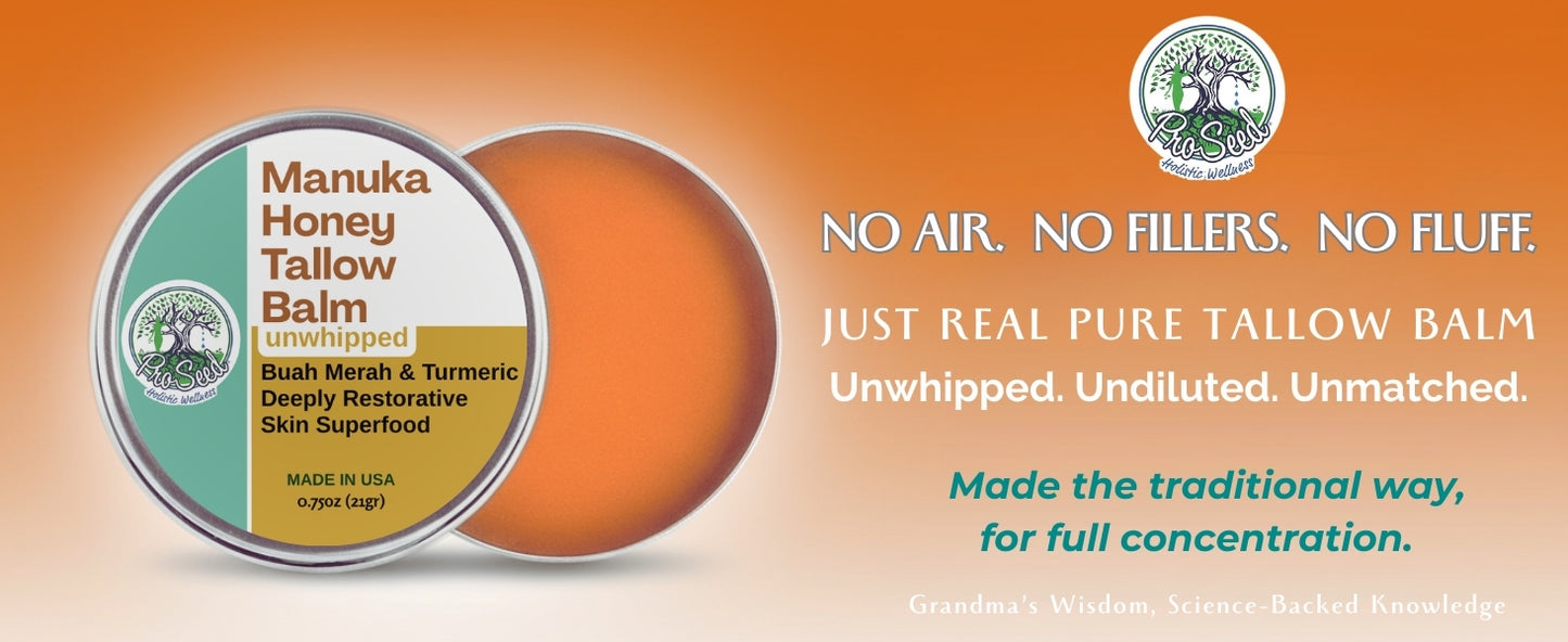 Manuka Honey Unwhipped Tallow Balm – Handmade Grass-Fed Beef Tallow with Frankincense, Vitamin E, Castor Oil, Buah Merah & Turmeric – Hydrates & Nourishes Skin for Men, Women & Kids – Travel Size