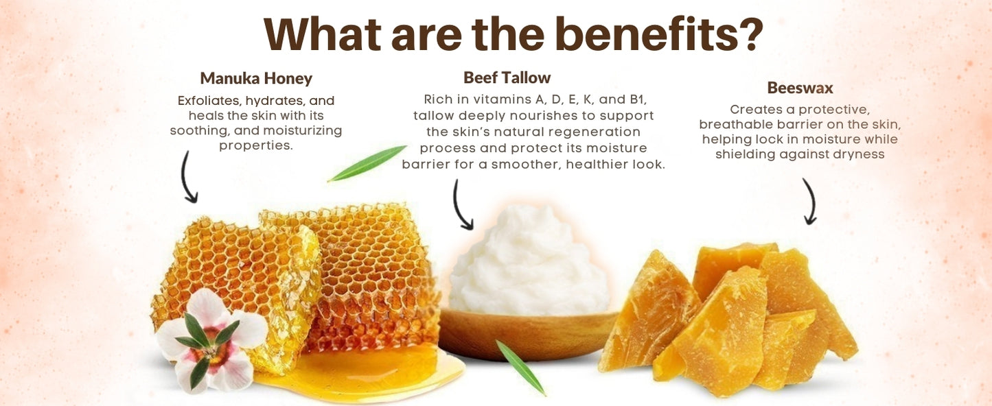 Manuka Honey Unwhipped Tallow Balm – Handmade Grass-Fed Beef Tallow with Frankincense, Vitamin E, Castor Oil, Buah Merah & Turmeric – Hydrates & Nourishes Skin for Men, Women & Kids – Travel Size