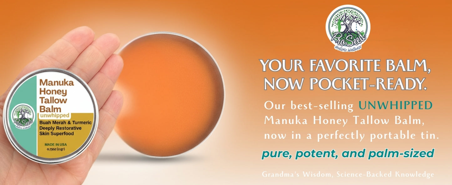 Manuka Honey Unwhipped Tallow Balm – Handmade Grass-Fed Beef Tallow with Frankincense, Vitamin E, Castor Oil, Buah Merah & Turmeric – Hydrates & Nourishes Skin for Men, Women & Kids – Travel Size