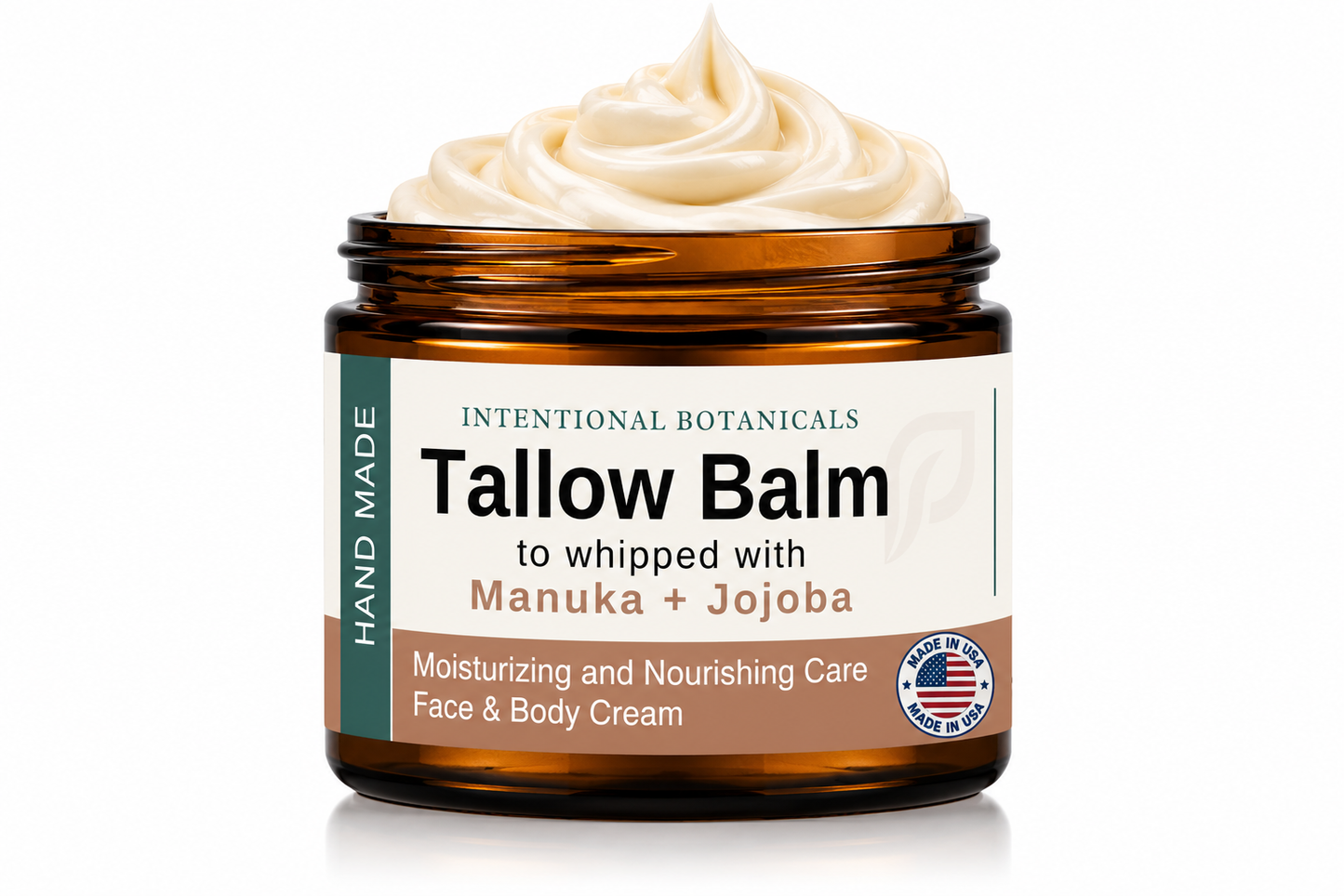 An open amber glass jar of ProSeed Wellness Whipped Tallow Balm, showing a swirl of creamy off-white balm on top, with a white and brown label detailing the ingredients and product benefits.