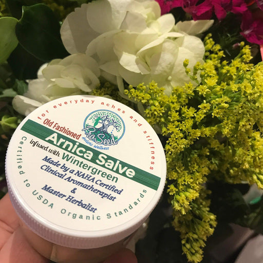 Organic Old Fashioned Arnica Salve for everyday aches and stiffness with Wintergreen and calming St. John's Wort - 2 oz Glass Jar - ProSeed Holistic Wellness